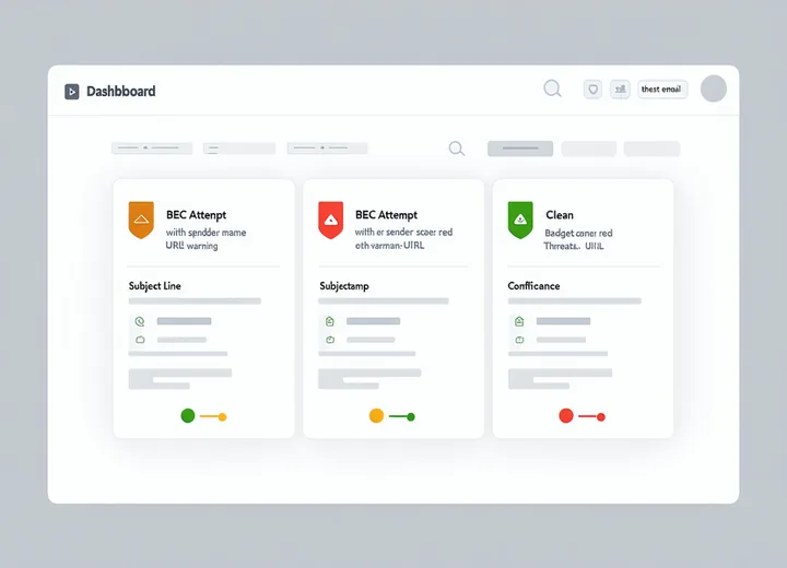 Phishaver email triage dashboard showing three emails — two flagged as threats with amber badges, one marked clean in green