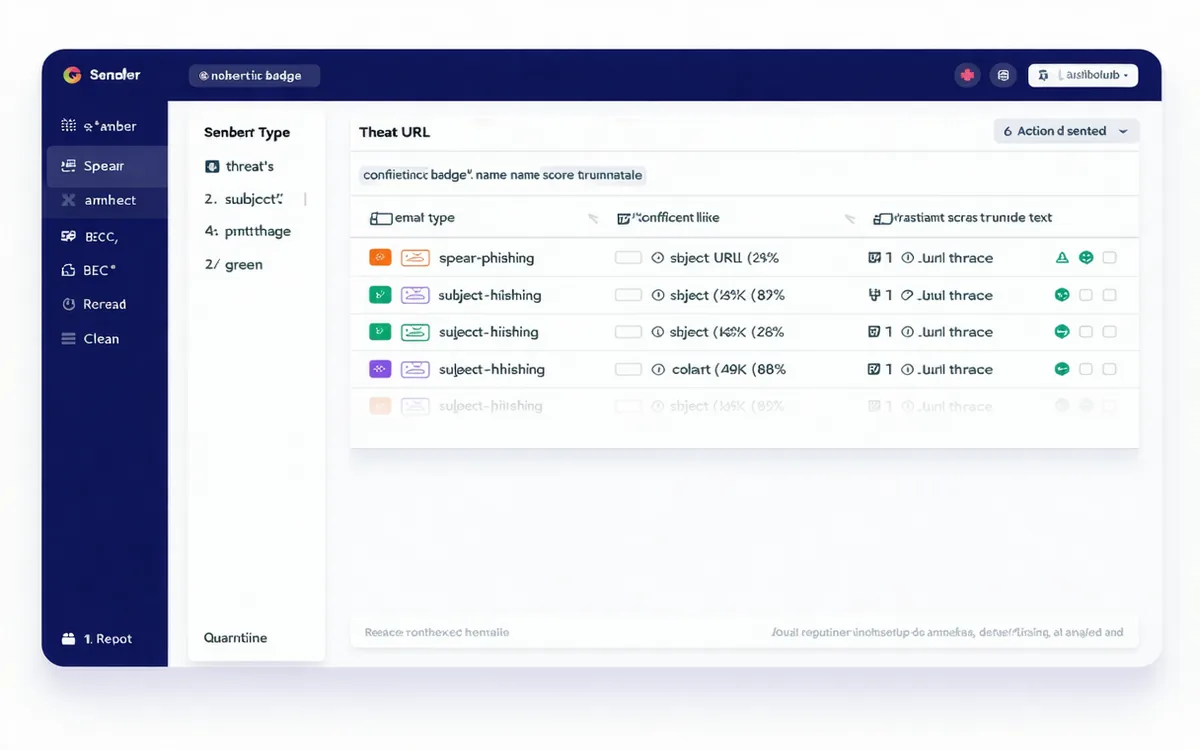 Phishaver analyst dashboard showing email triage queue with threat type badges, confidence scores, and action buttons